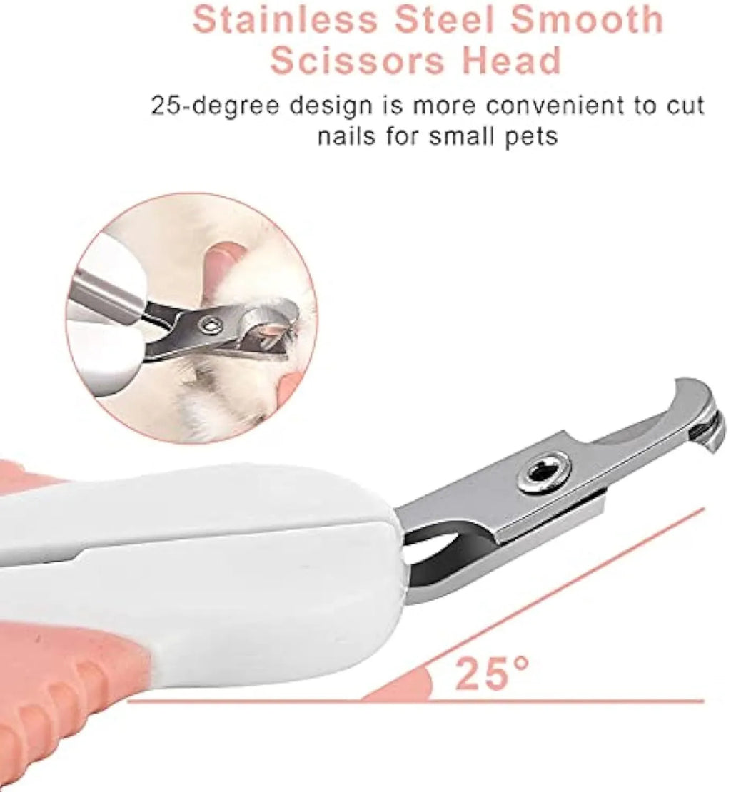 Grey and pink angled pet nail clippers with safety lock and rubber handles.
