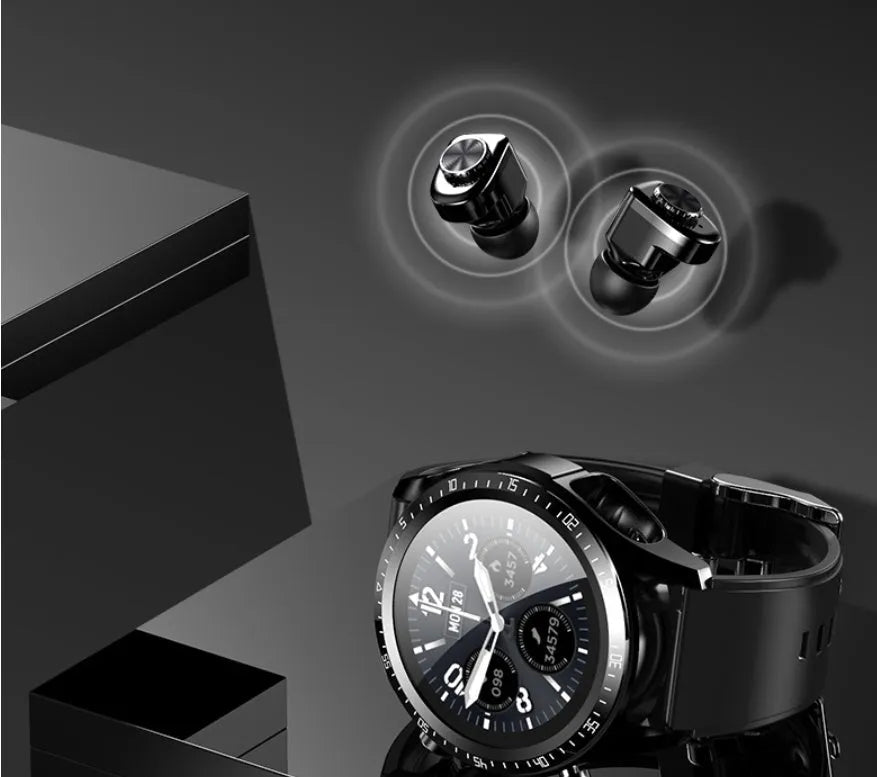 Black smart watch with blood pressure monitoring on a silicone strap, showing its 1.28-inch screen.