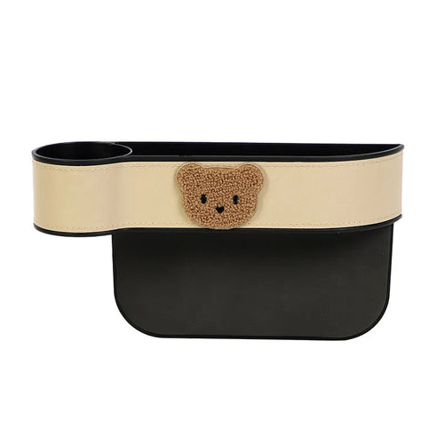 Leather car seat gap storage box with cartoon bear design for vehicle organisation