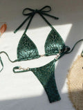 Women's leopard print bikini set in blue, green, and multicolour patterns with T-shaped design