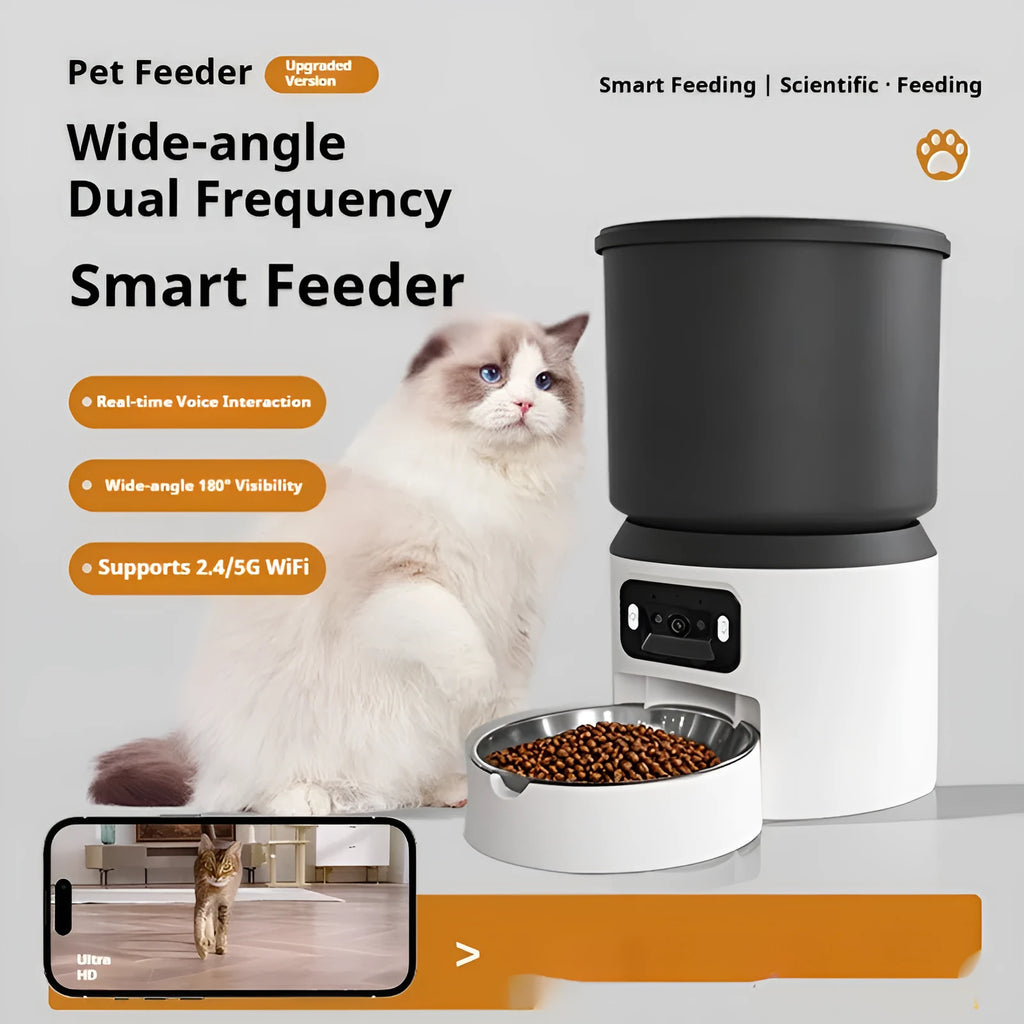 White 4-litre smart pet feeder with LED display, Wi-Fi antenna, and a stainless steel bowl on the floor.