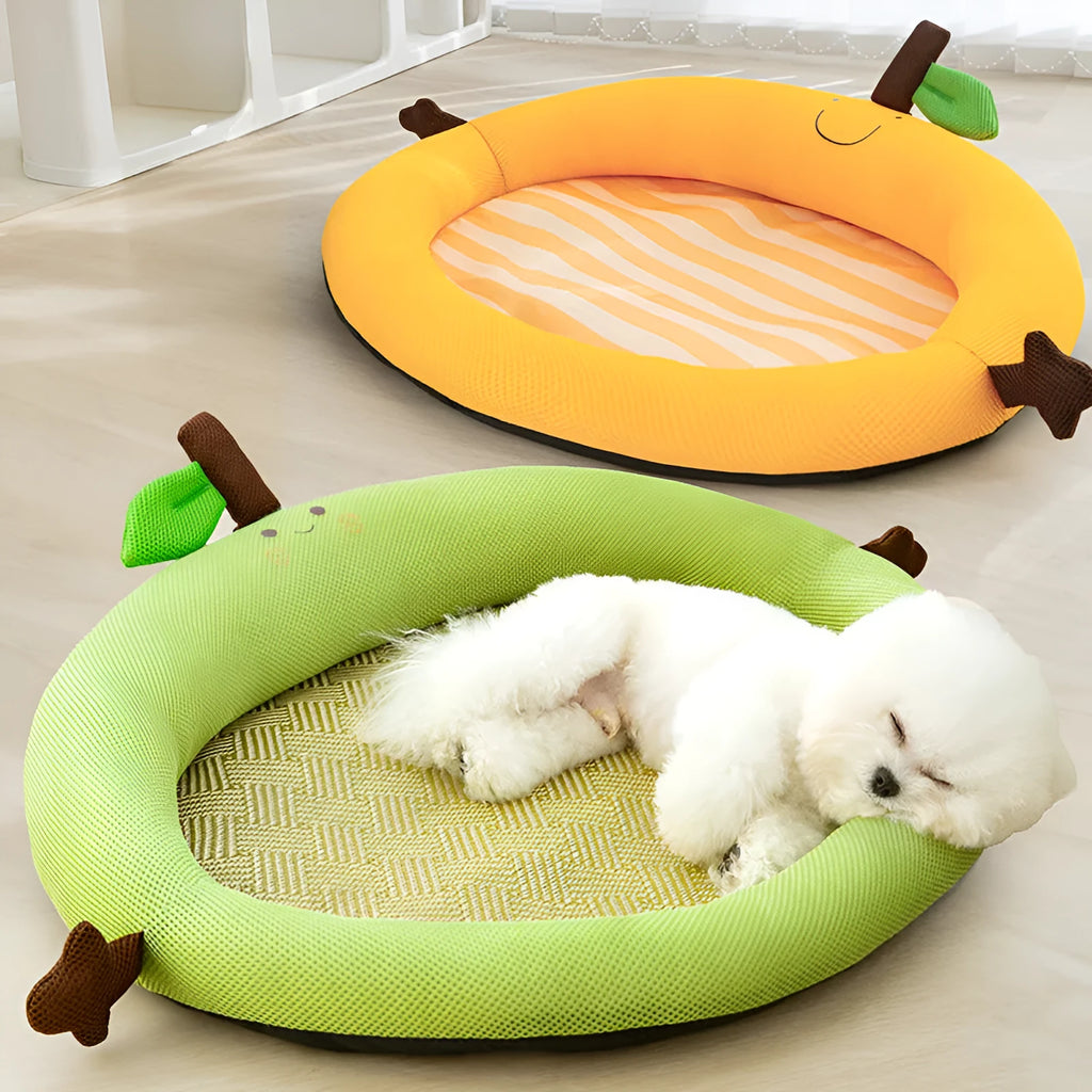 Green pet cooling mat and nest bed with fruit-shaped backrest for dogs or cats.