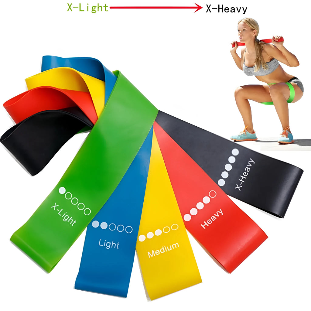 Set of five yoga tension straps in various colours including green, blue, yellow, red, and black options