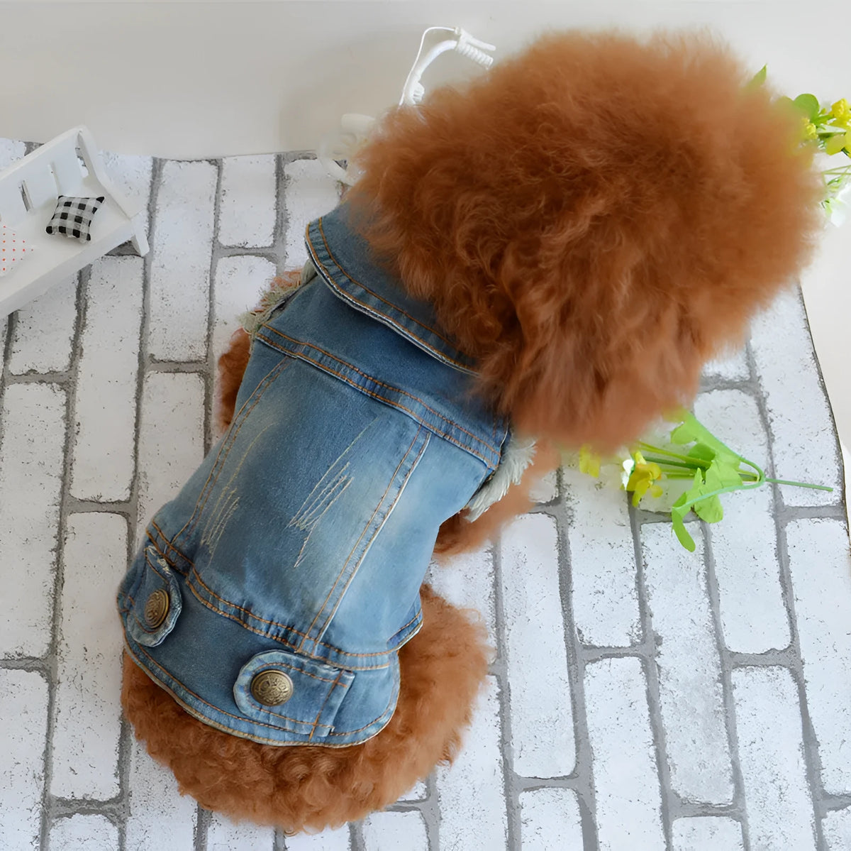 Dark and light denim dog vest with a retro scratch pattern on the front for small to medium breeds.