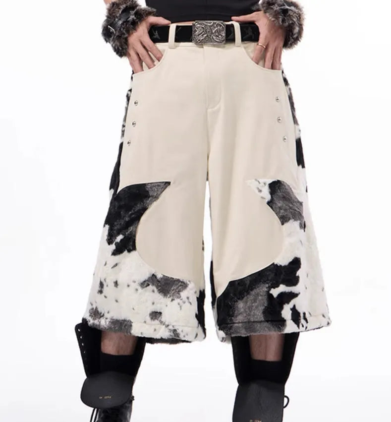 Youthful stitching milk fibre fur cropped pants with a personalised checkered or striped pattern.