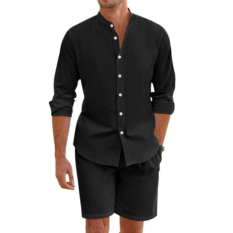 Men's dark grey short sleeve shirt and matching drawstring shorts summer suit set