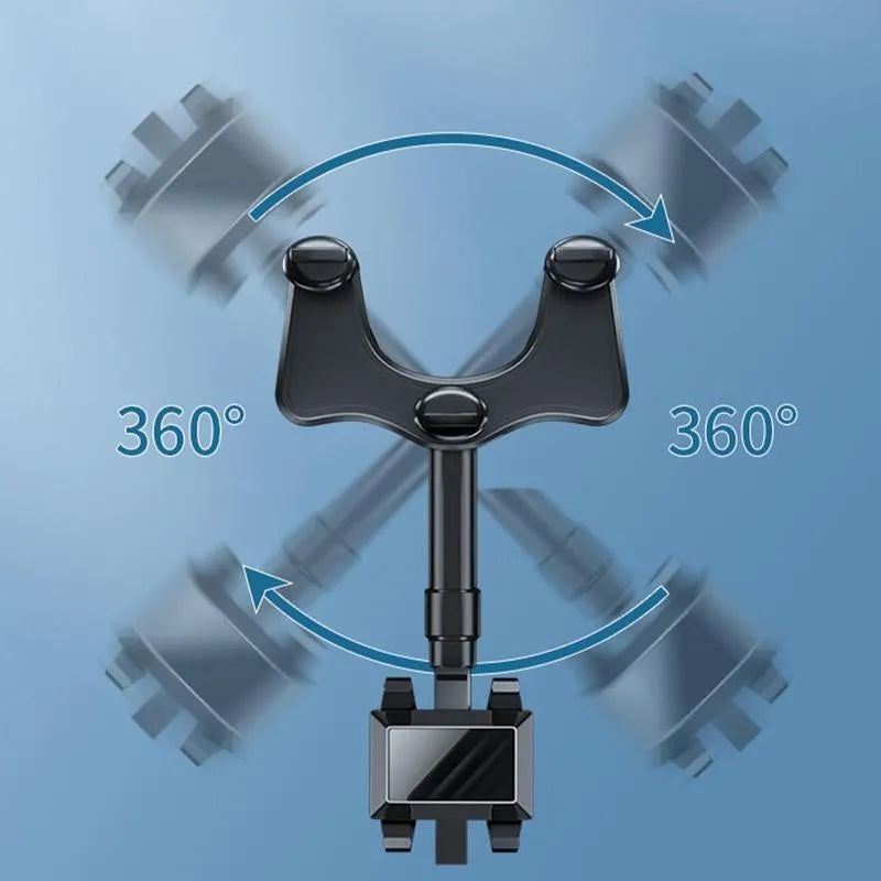 Black rearview mirror car phone holder showing 360 rotation and extended telescopic arm