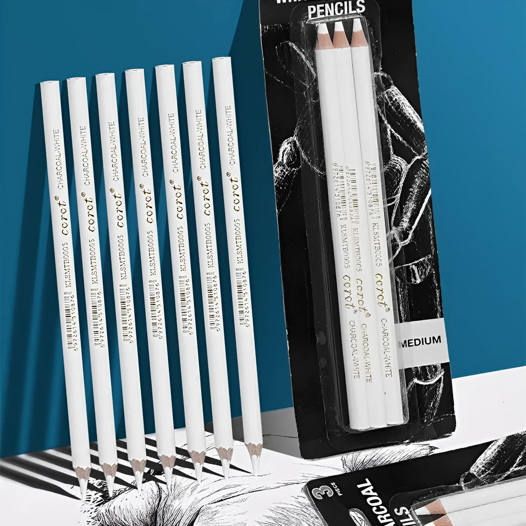 Set of three white charcoal highlighting pencils with wooden shells and brush tips for drawing