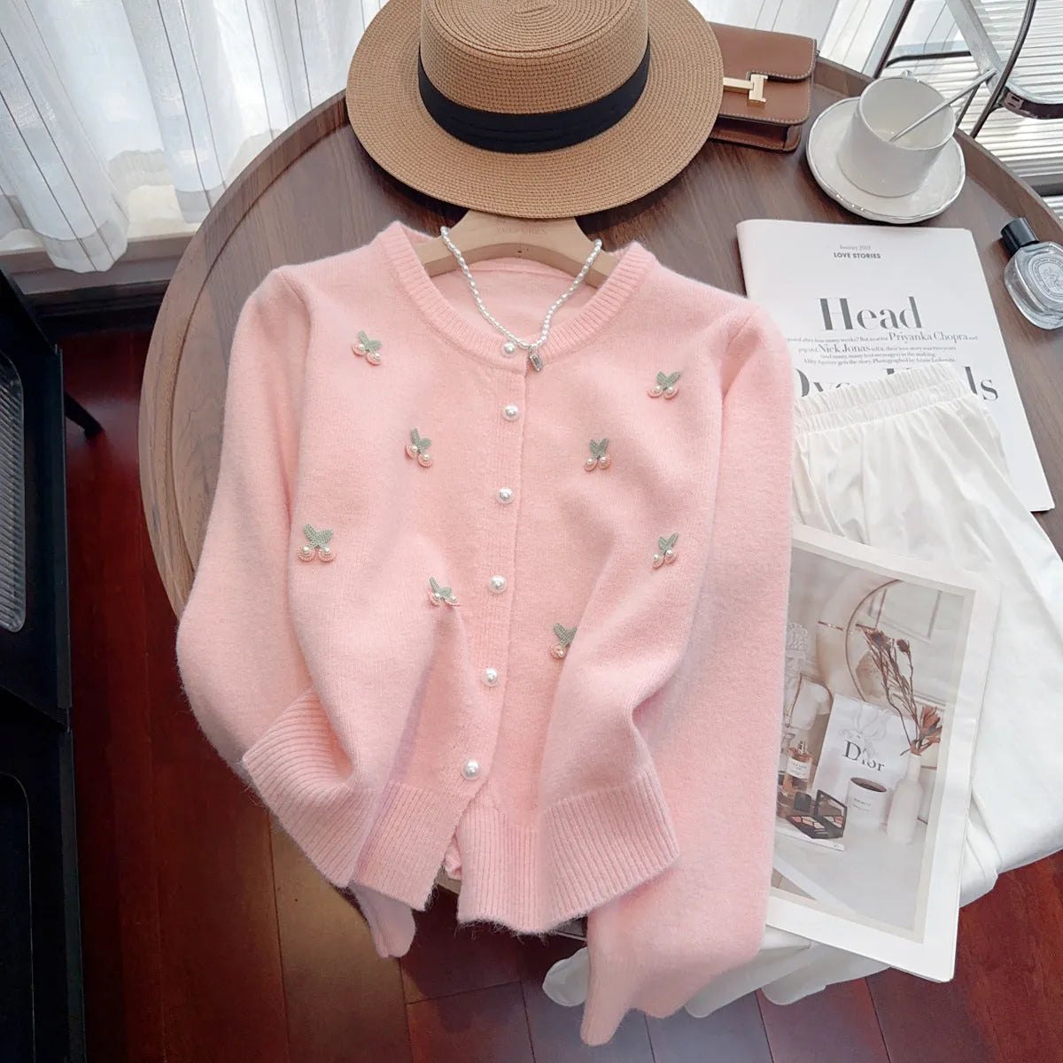 Women's slim fit cashmere-feel cardigan with beaded detail on sleeve, in blue colour.