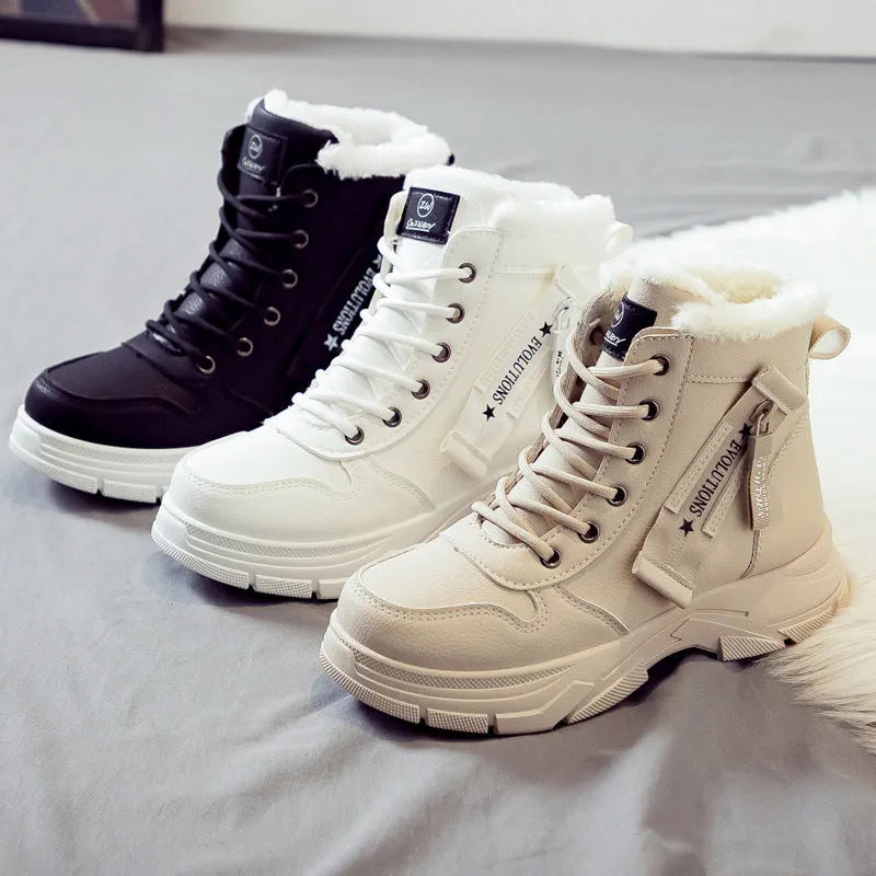 Women's plus size knee-high snow boots with lace-up front in black, khaki, or white with contrasting lining.