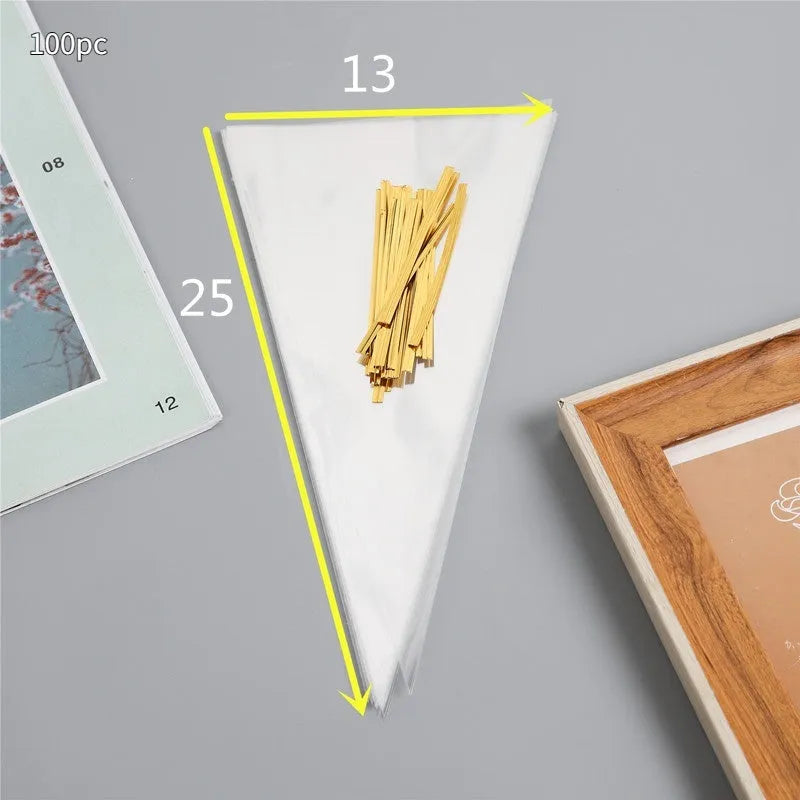 Triangle-shaped clear plastic packaging bag with a built-in metal tie wire for closure.