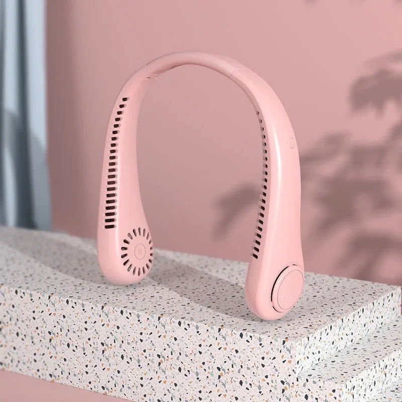 White USB charging portable bladeless neck fan with adjustable settings and ergonomic neckband