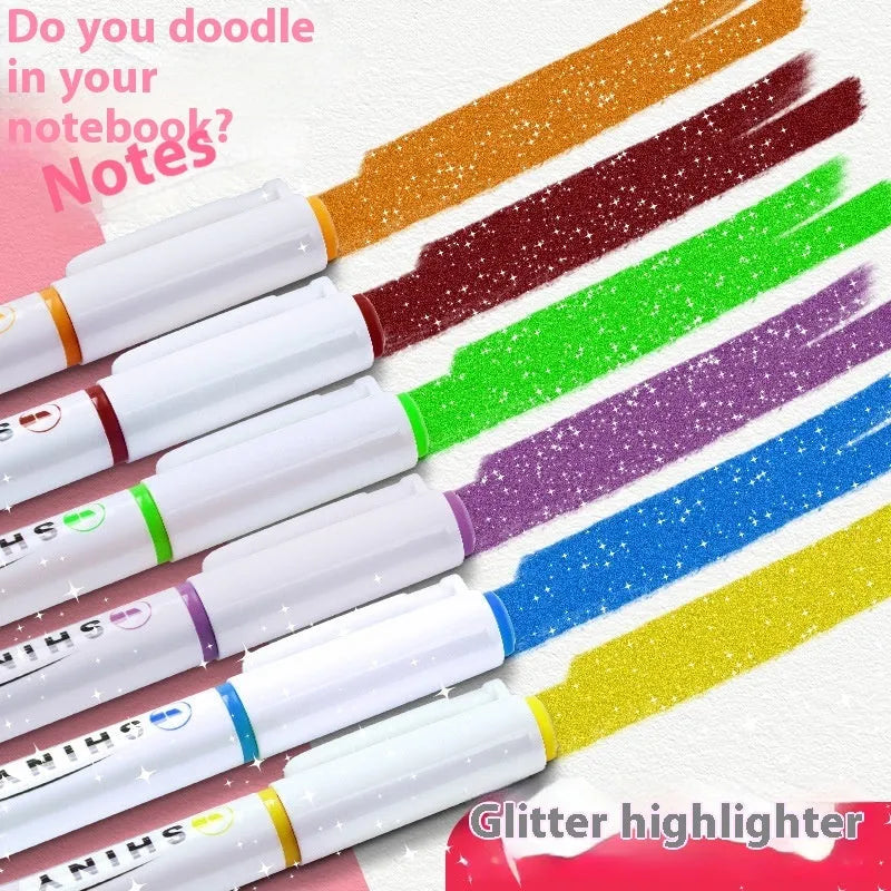 Sparkling Star River highlighter pens with glitter ink in plastic shells, 136mm length with slanted 4mm tips