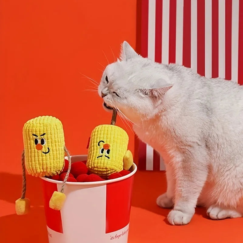 Corn cob shaped cat chew toy made from natural polio wood with catnip filling for dental hygiene