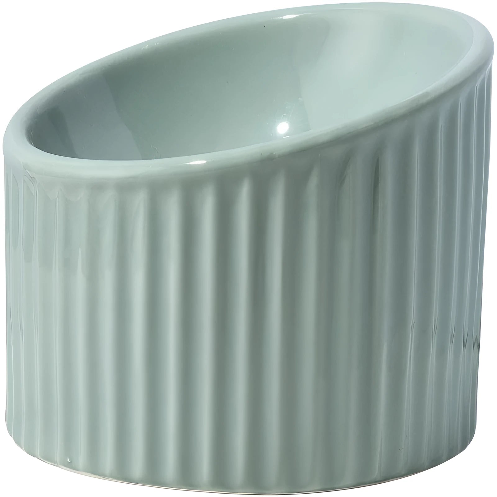 Ceramic raised cat bowl in light green colour showing its elevated, tilted round shape.