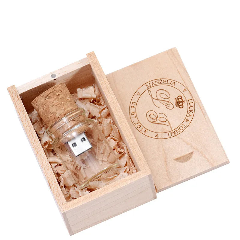 Personalised wooden USB flash drive with custom driftwood bottle storage disk design in chocolate brown