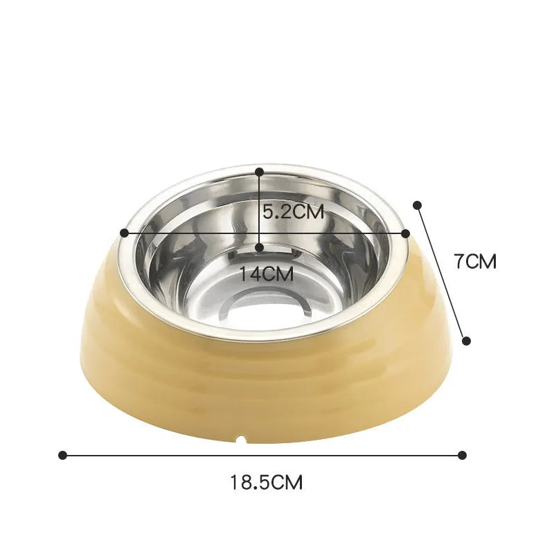 Stainless steel cat bowl with plastic base in beige, brown, or light green colour options