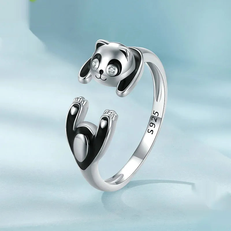 Sterling silver panda open ring bracelet with white gold plating and adjustable opening in SCR969-E colour