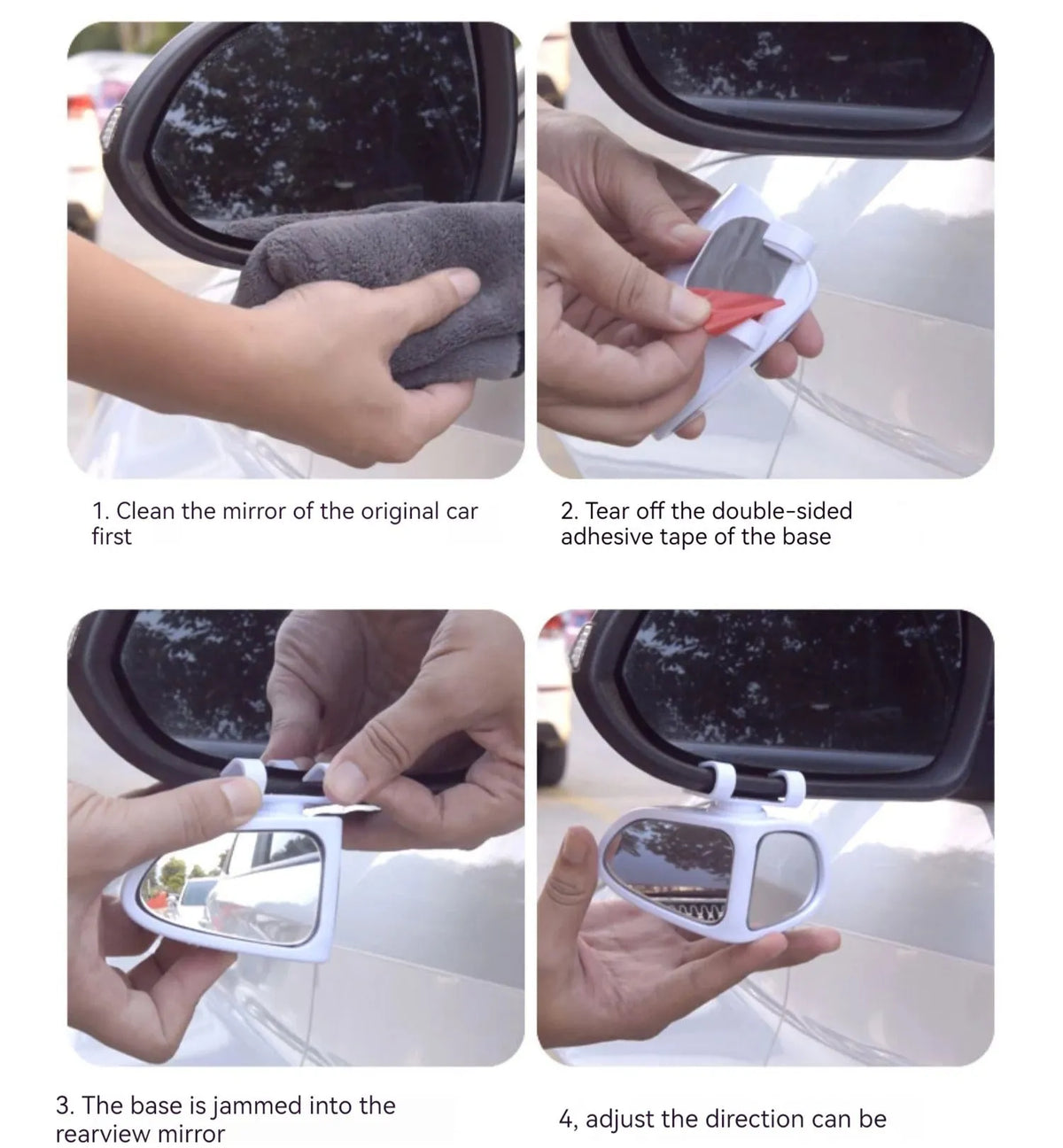Black adjustable wide-angle car auxiliary mirror showing 360-degree rotation mechanism.