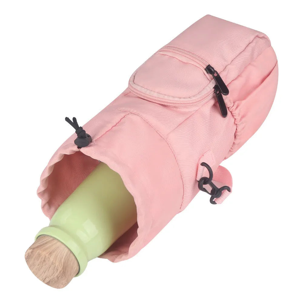 Cloth crossbody water bottle shoulder pouch shown in black, green, and pink colour options.