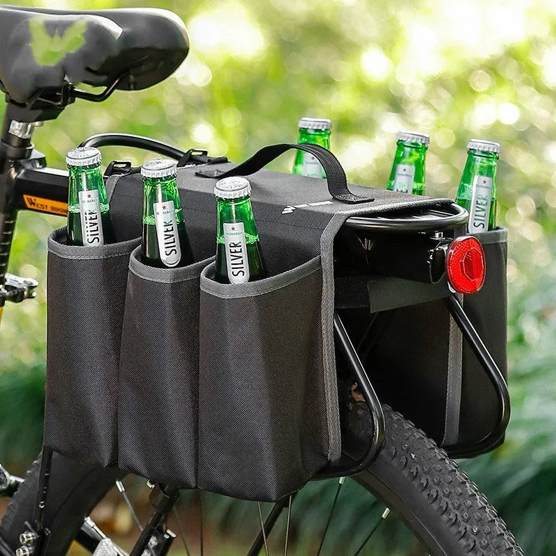 Black and orange double-sided bicycle beverage bag mounted on bike frame with 2L capacity