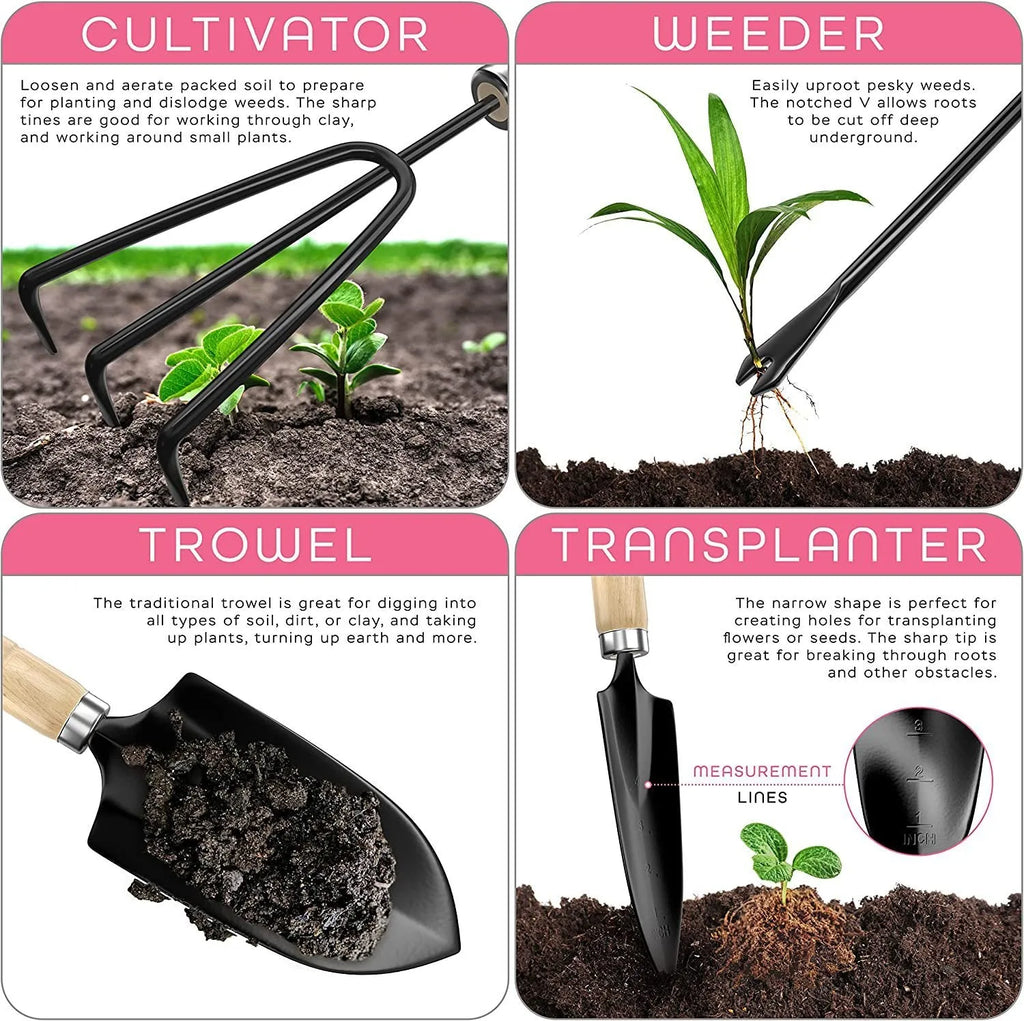 Set of eight stainless steel gardening hand tools including a trowel, weeder, and pruner.