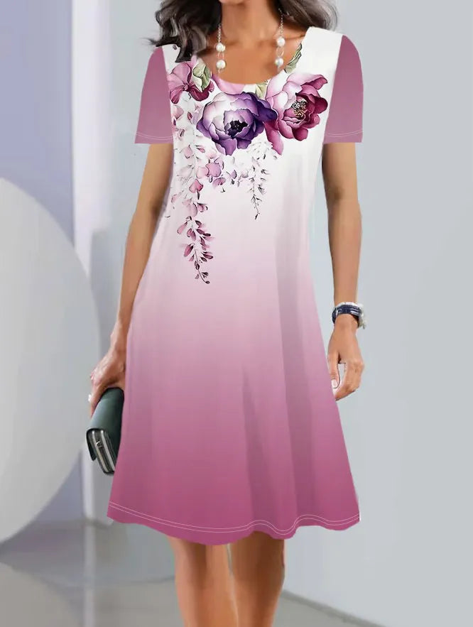Floral printed summer dress with short sleeves and A-line mid-length skirt in ice silk fabric