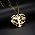 Personalised stainless steel name necklace with hollow heart and tree design pendant on an adjustable chain.