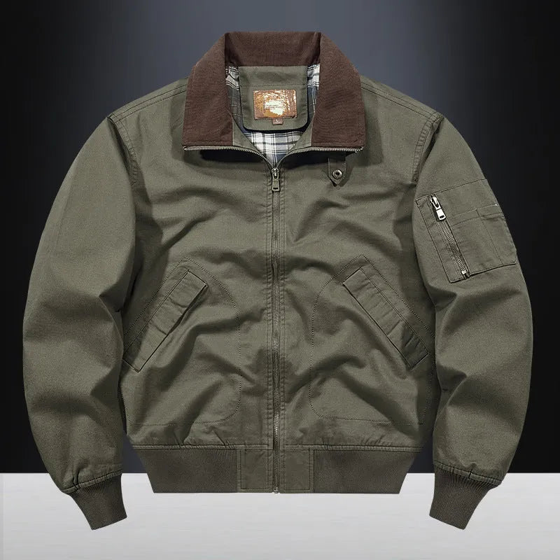 Men's plus size washed cotton baseball jacket in beige colour with full zip front.