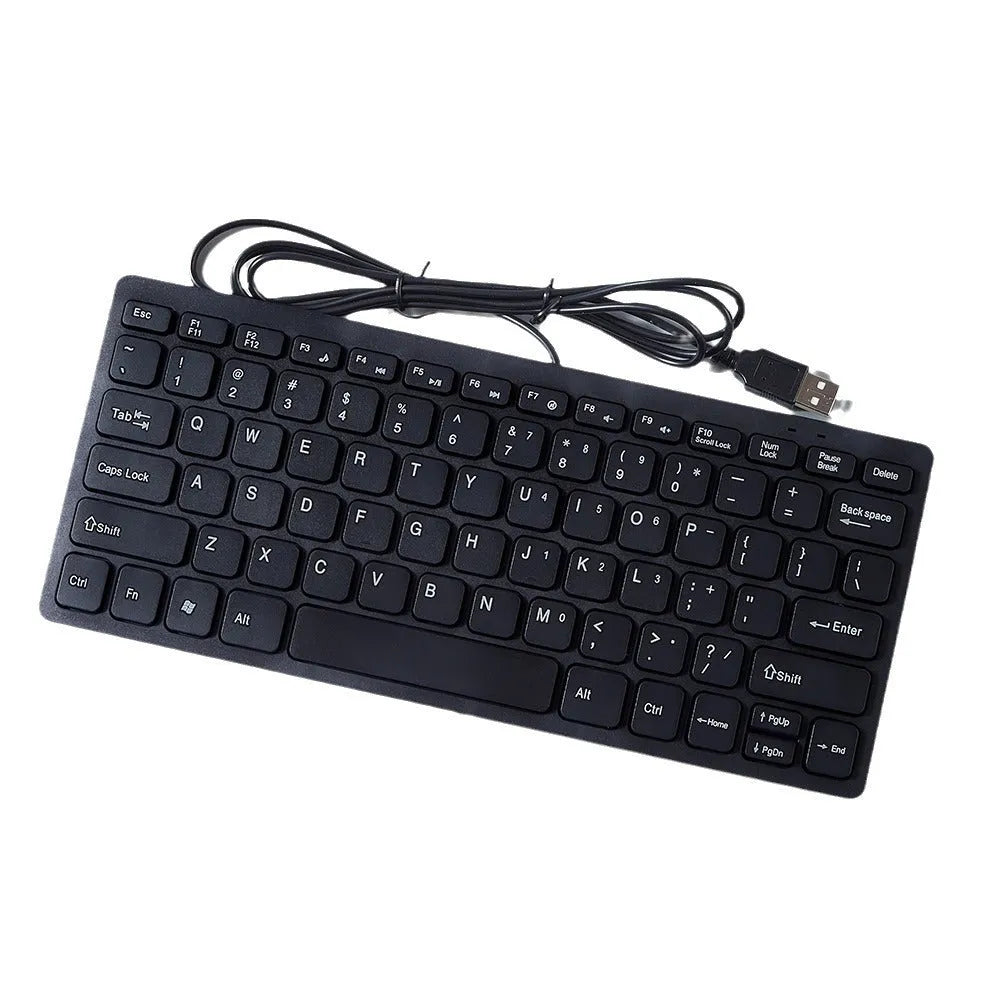 Compact USB wired keyboard measuring 280x125mm in black colour with noiseless keys