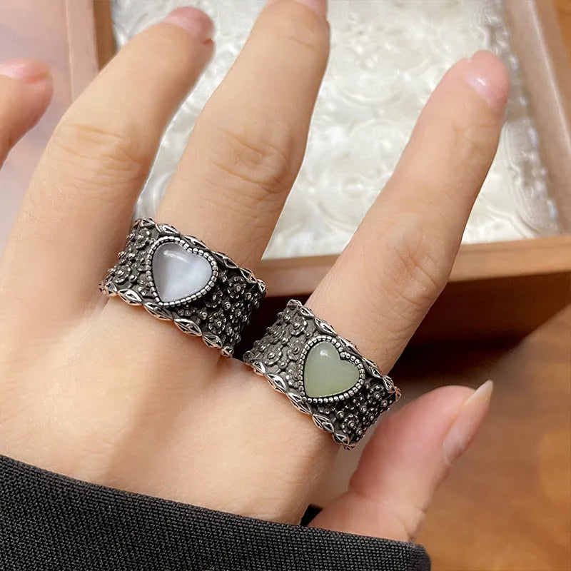 Retro adjustable wide-faced ring with heart-shaped moon design in white copper plated silver