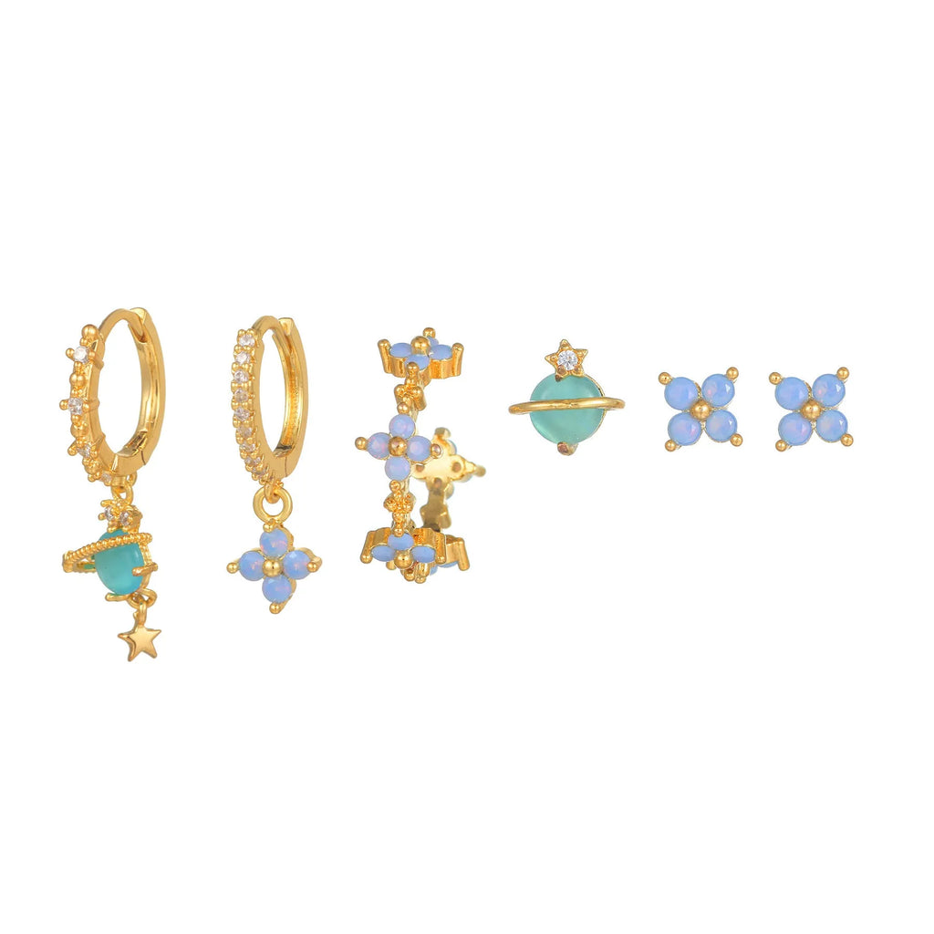 Gold and silver Japanese Korean style flower ear studs with blue flower nail and zircon mosaic design.