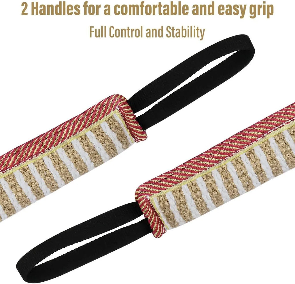 Beige jute dog tug toy with two handles for interactive training play