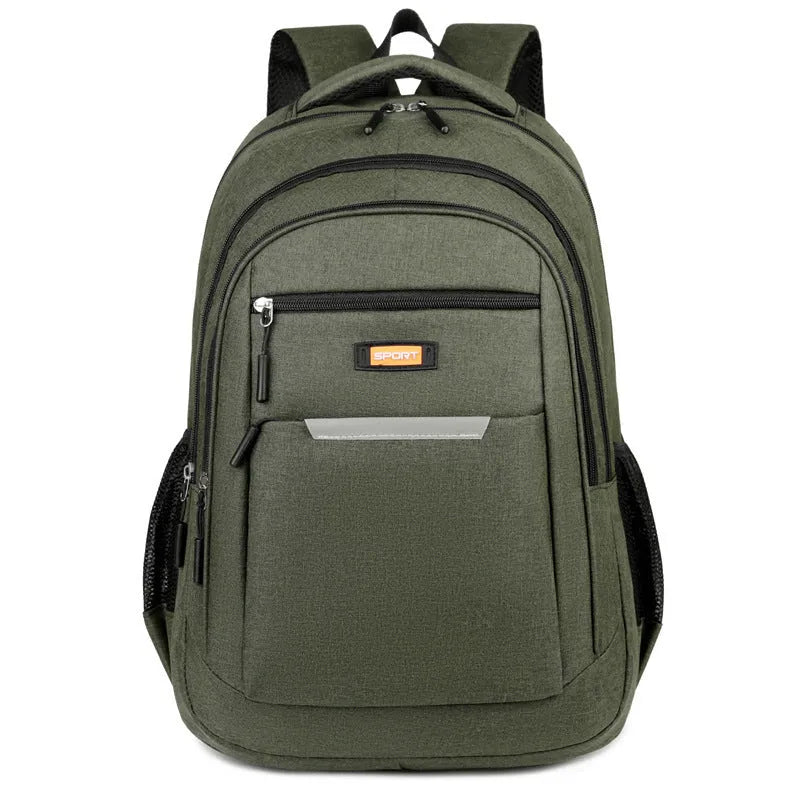 Casual men's Oxford cloth backpack in black, shown with a breathable back panel and polyester lining.