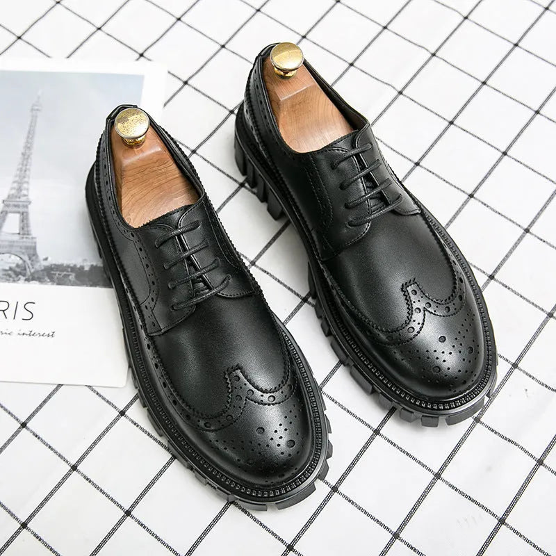Men's black and brown business brogue shoes with round toe and artificial PU upper for office wear