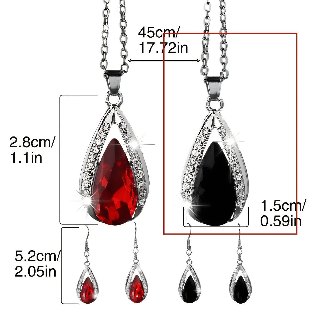 Alloy teardrop pendant necklace and earrings set in black or red colour options