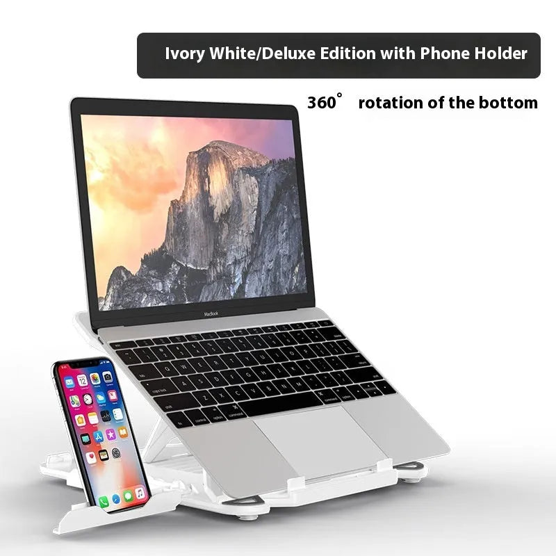 Black ABS plastic laptop bracket stand on a desk, elevating a laptop for better airflow