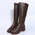Women's black knight boots with square heel, round toe, and high shaft featuring belt buckle detail