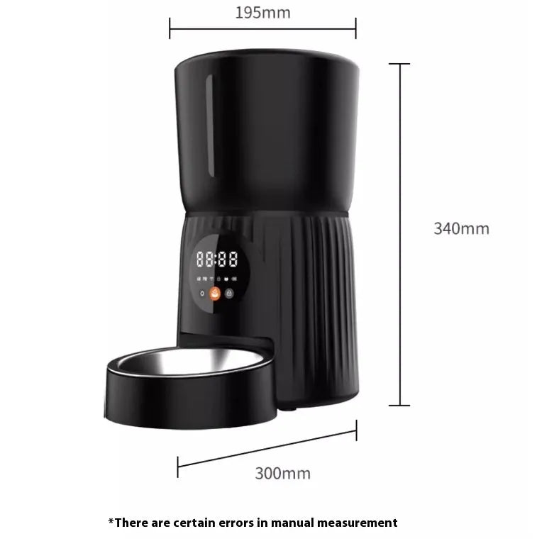 Black automatic pet feeder with display screen and food dispensing bowl for dogs and cats