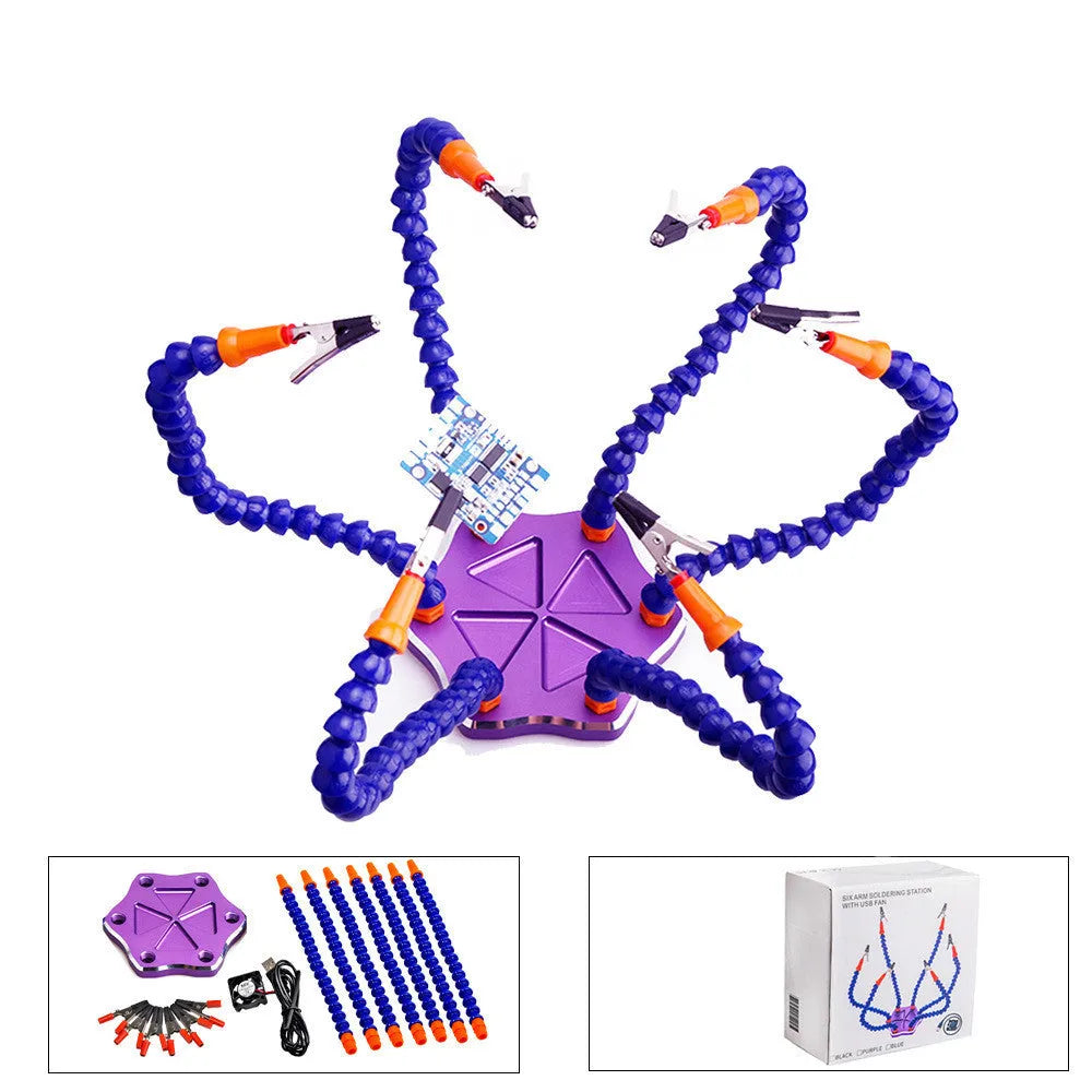 Black and purple aluminium alloy six-claw welding station with adjustable arms for model repair soldering.