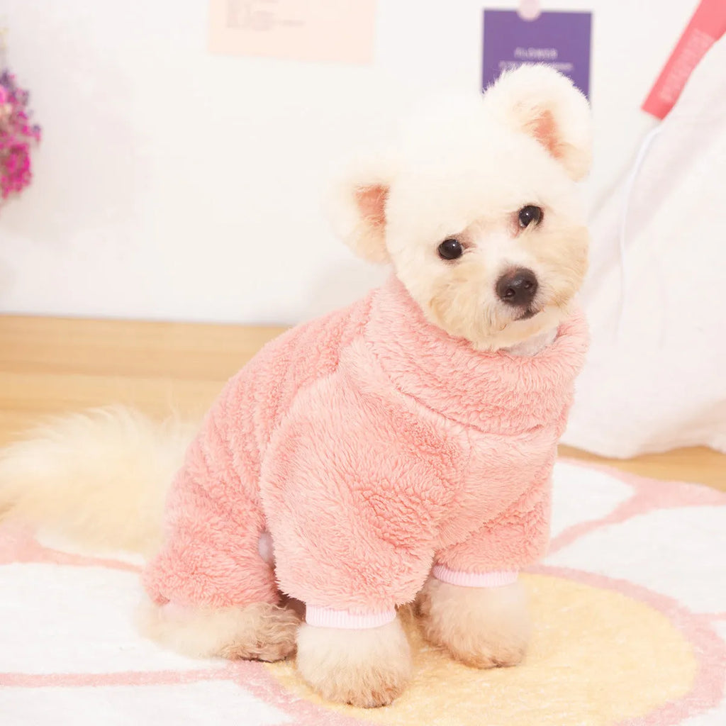 Four-legged dog clothes with double-sided plush fabric, high collar and towing ring in khaki colour
