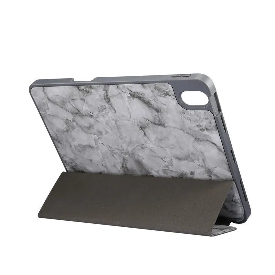 Tri-fold marbling imitation leather iPad case with a pen slot, shown in dark gray colour.