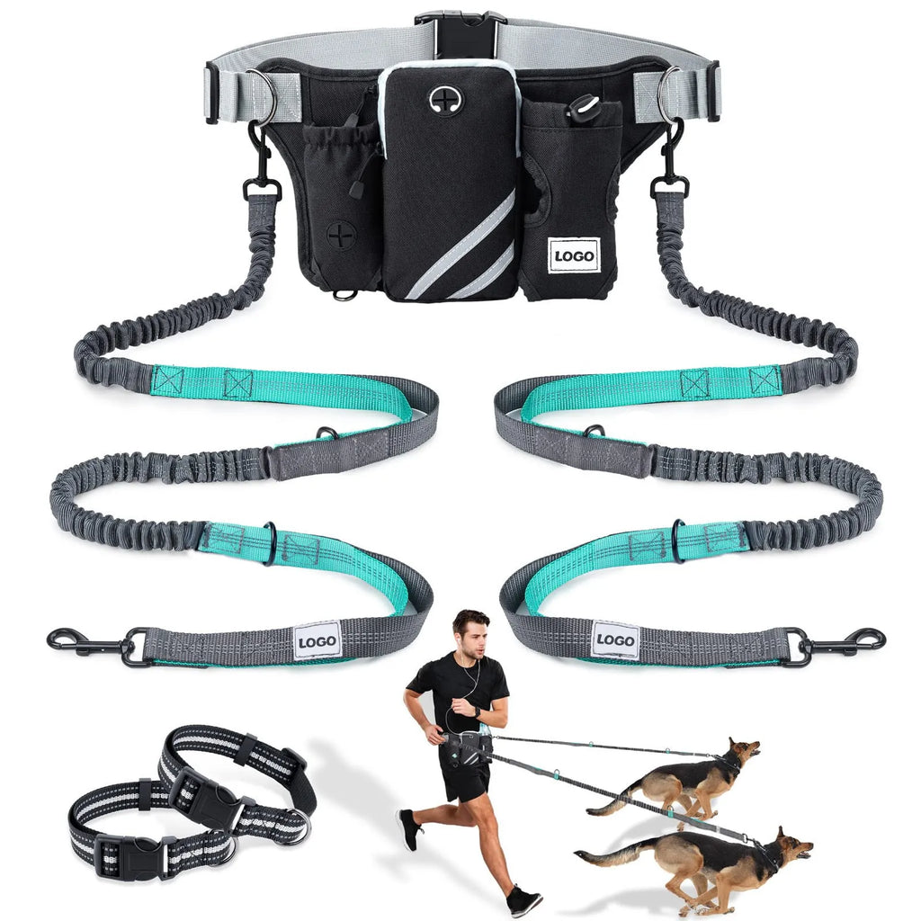 Black nylon dog walking waist bag set with leash and collar for hands-free outdoor training