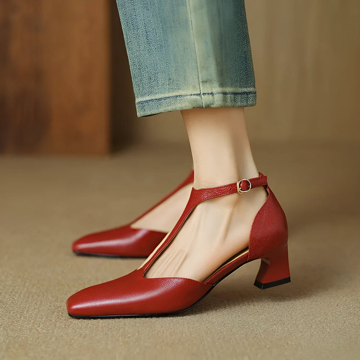 French retro square toe chunky heel wine red sheepskin leather shoes with buckle fastening