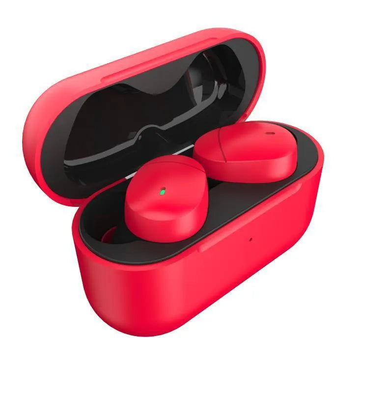 Flame red Qualcomm TWS 3040 Bluetooth 5.2 wireless earplug headset with charging cable.