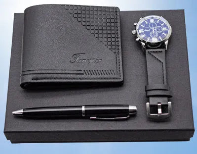 Brown and black gift set box containing a watch, a leather-look wallet, and a pen for business or personal gifting.