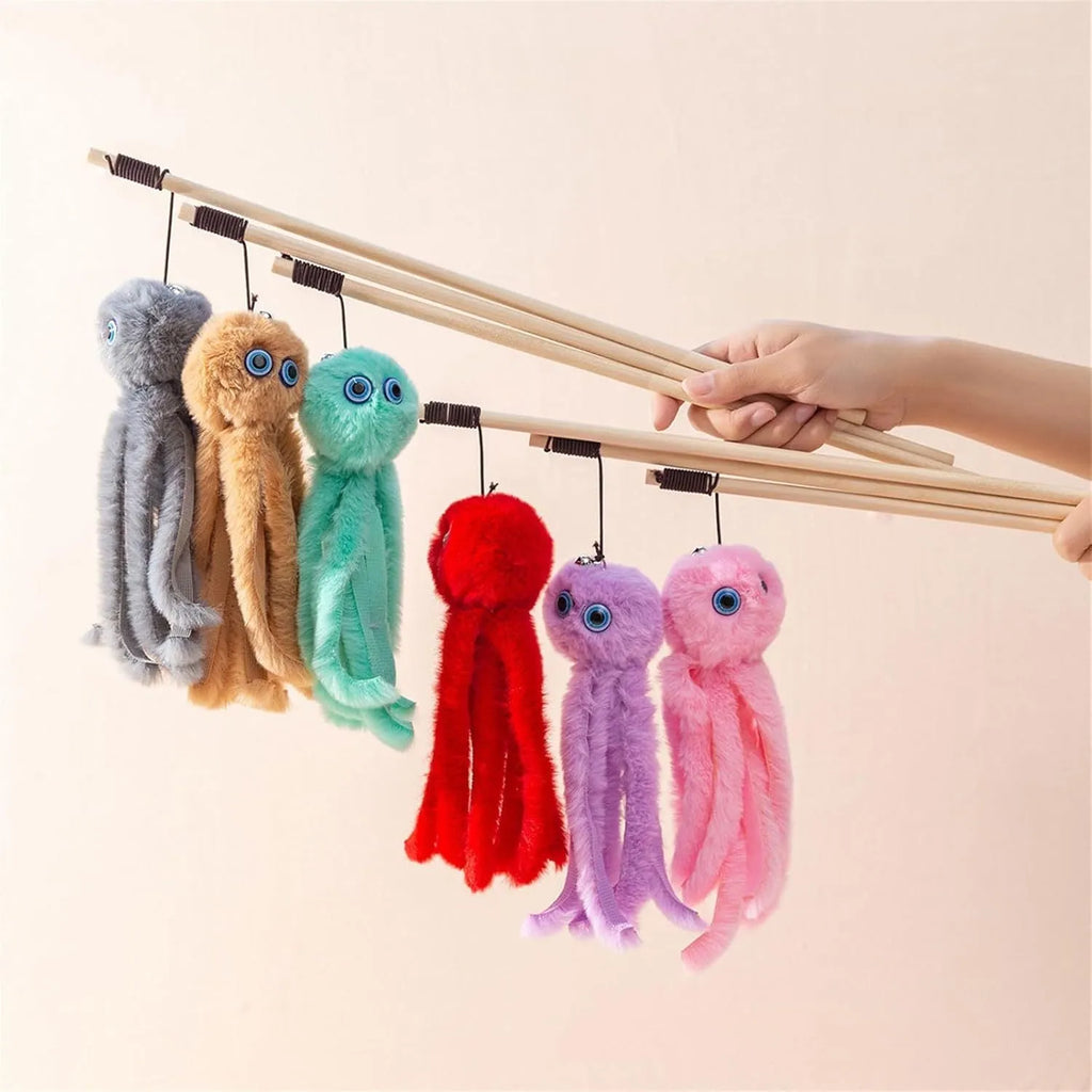 Octopus-themed cat toy with long stick handle and colourful furry texture for indoor kitten play