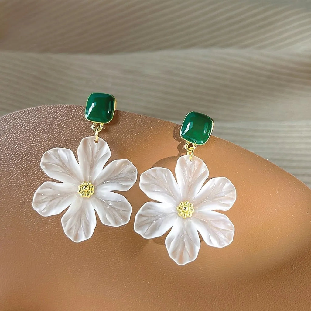Dark green alloy needle flower dangle drop earrings for women showing sweet floral design details