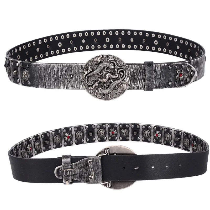 Men's black leather belt with silver rivet details and a silver alloy buckle on a flat surface.