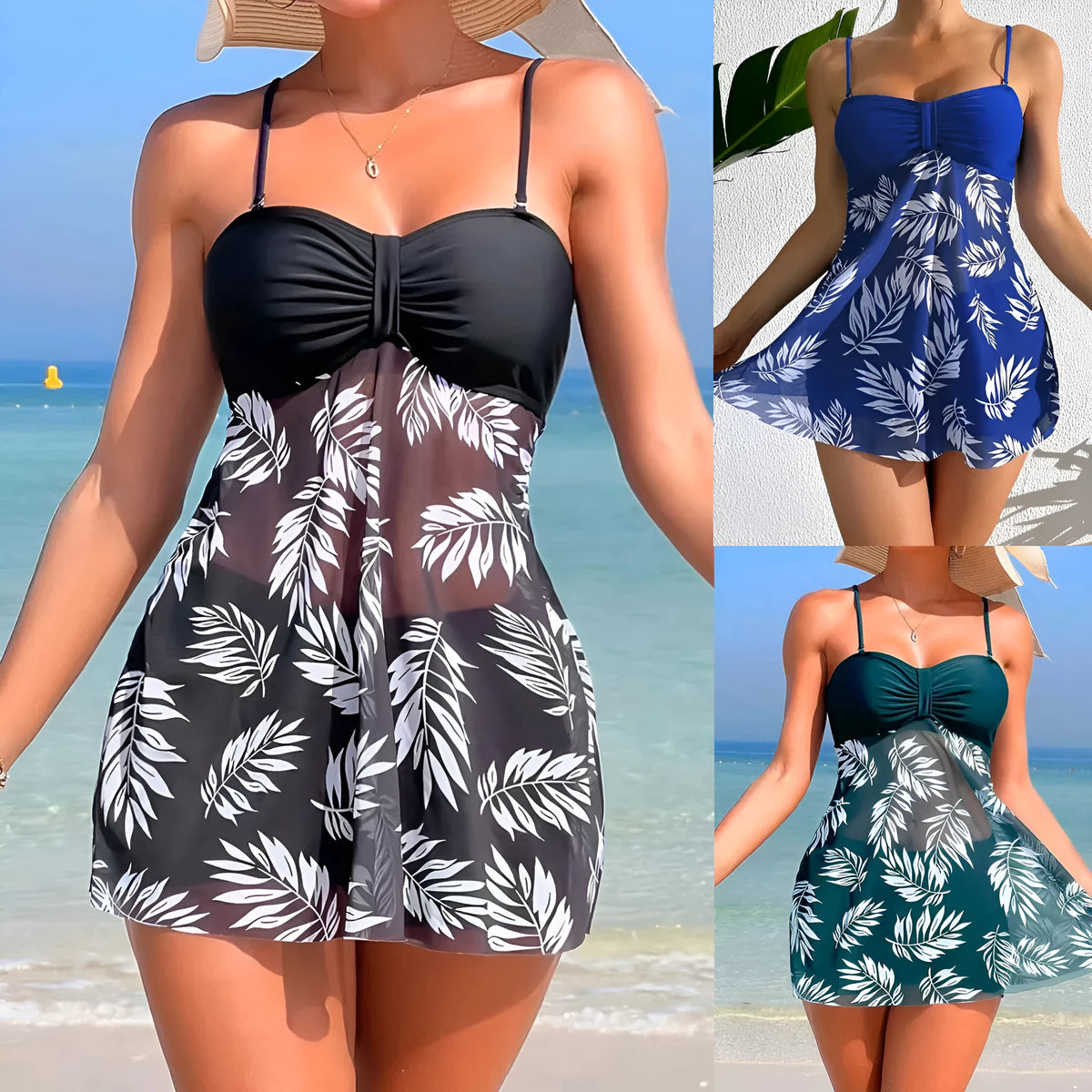 Women's high waist mesh swim briefs in black, blue, and peacock green on a mannequin.